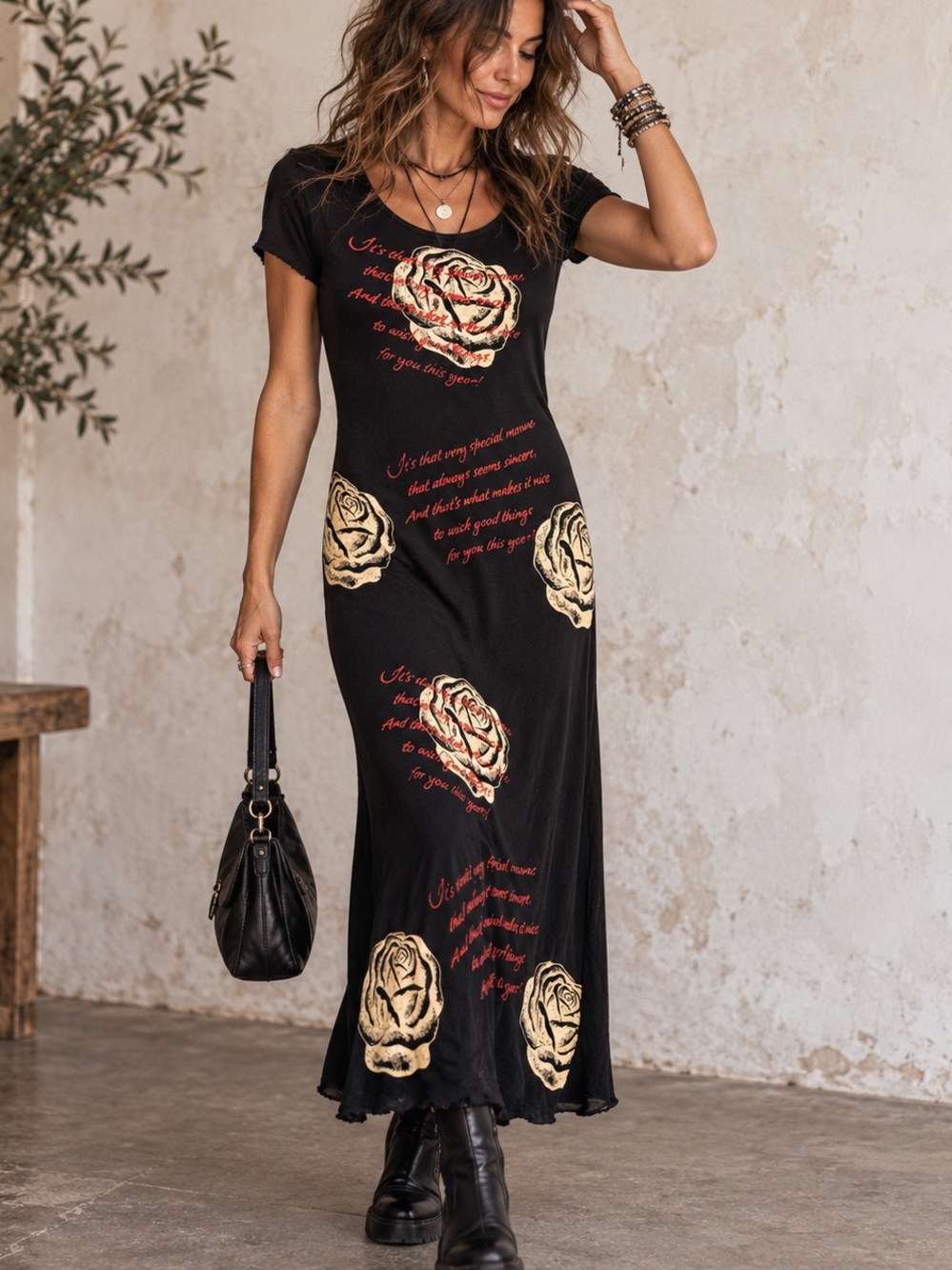 Vintage Milako Rose Graphic Stretch Maxi Dress